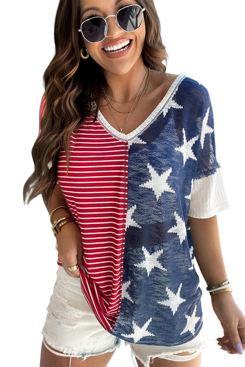 Stripes Stars Print Knit Short Sleeves Top